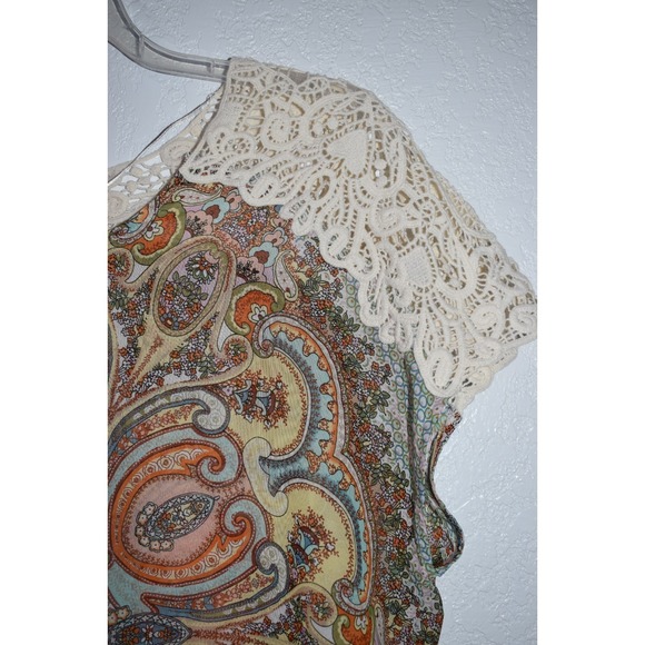 One World Sleeveless Top Large Crochet Shoulders High-Low Hem Sheer Boho Hippie - Picture 8 of 16